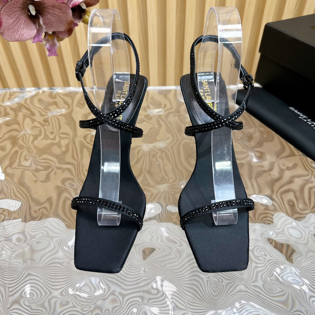 Saint Laurent NUIT SANDALS 85 IN BLACK CREPE SATIN AND BLACK RHINESTONES