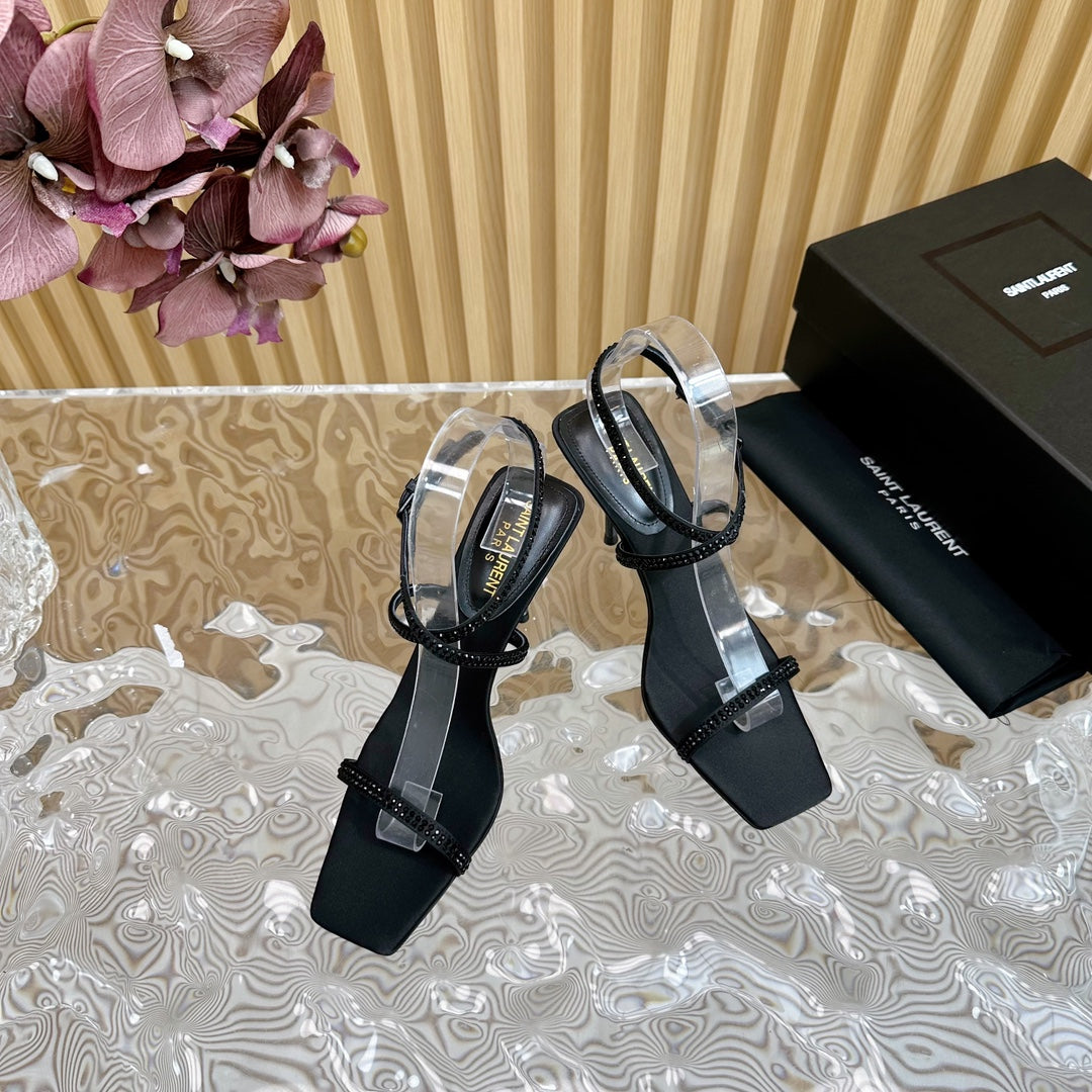 Saint Laurent NUIT SANDALS 85 IN BLACK CREPE SATIN AND BLACK RHINESTONES