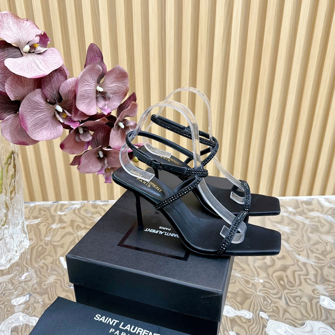Saint Laurent NUIT SANDALS 85 IN BLACK CREPE SATIN AND BLACK RHINESTONES