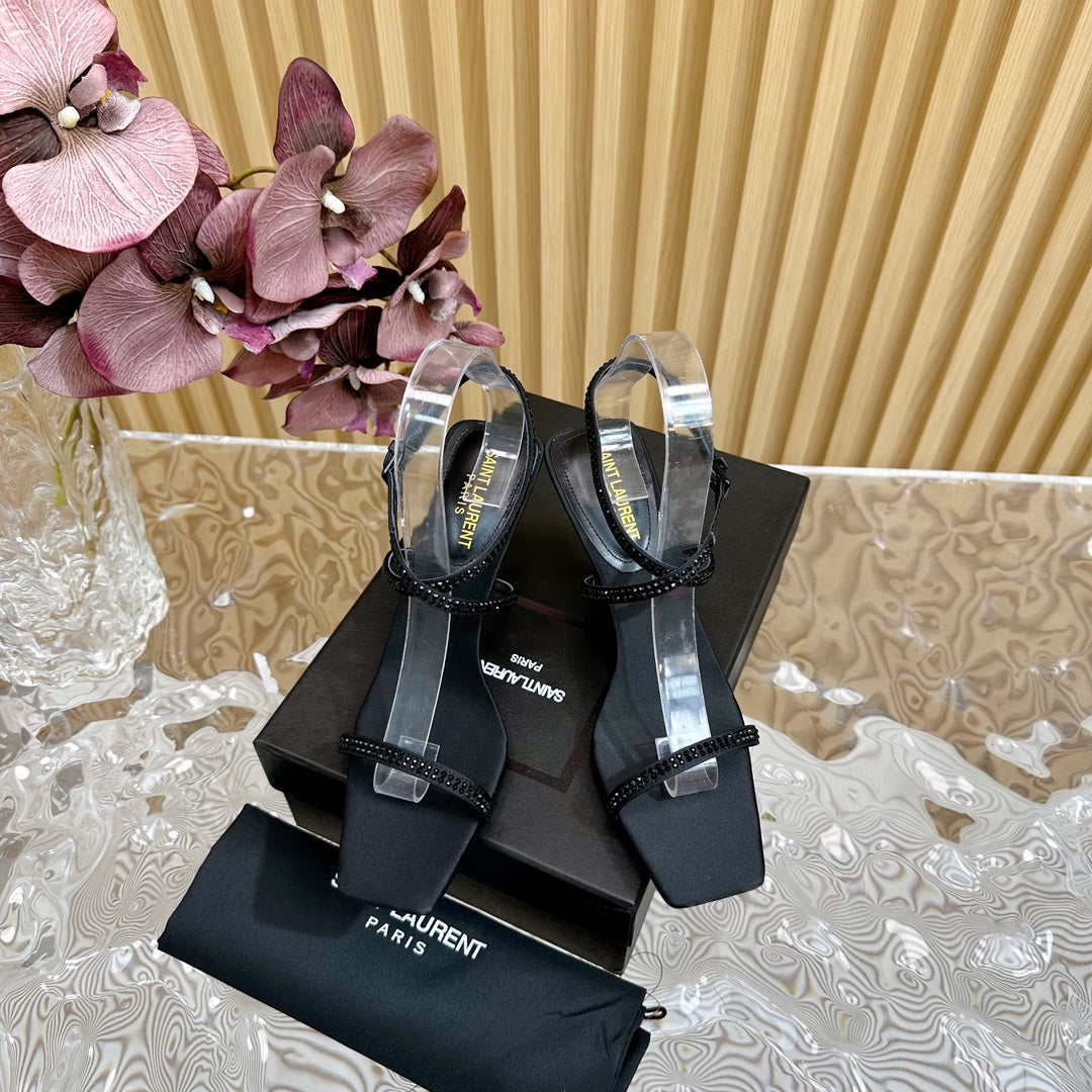 Saint Laurent NUIT SANDALS 85 IN BLACK CREPE SATIN AND BLACK RHINESTONES