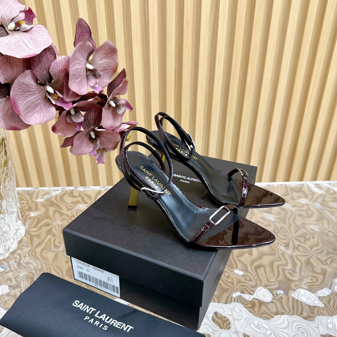 Saint Laurent KITTY SANDALS 70 IN BLACK MAROON SHINY LEATHER