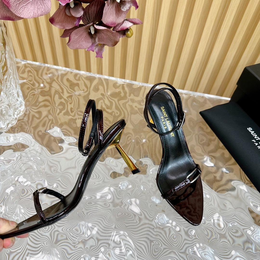 Saint Laurent KITTY SANDALS 70 IN BLACK MAROON SHINY LEATHER