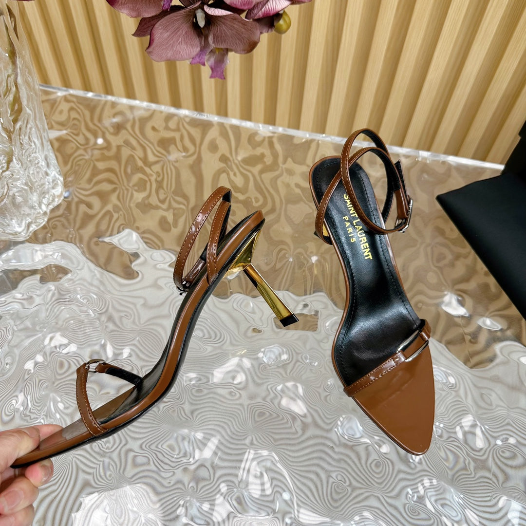 Saint Laurent KITTY SANDALS 70 IN BROWN SHINY LEATHER