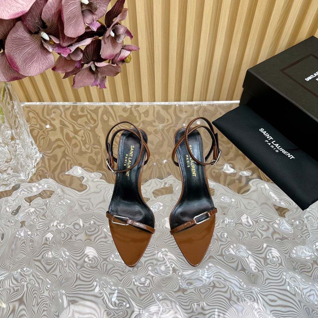 Saint Laurent KITTY SANDALS 70 IN BROWN SHINY LEATHER