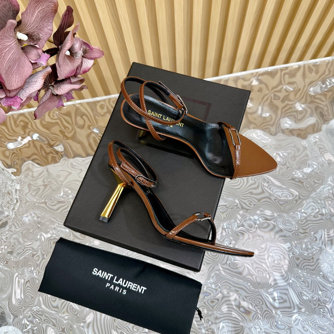 Saint Laurent KITTY SANDALS 70 IN BROWN SHINY LEATHER