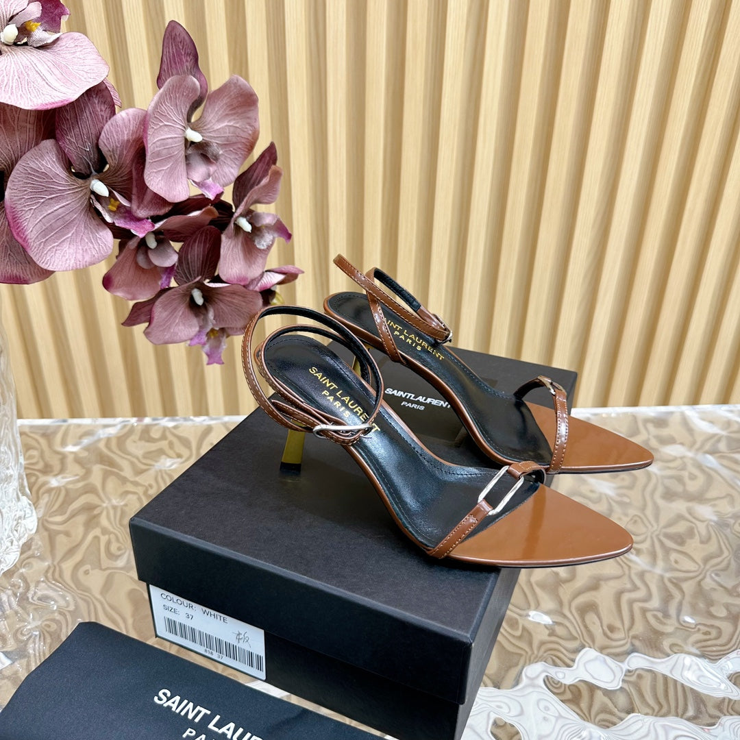 Saint Laurent KITTY SANDALS 70 IN BROWN SHINY LEATHER