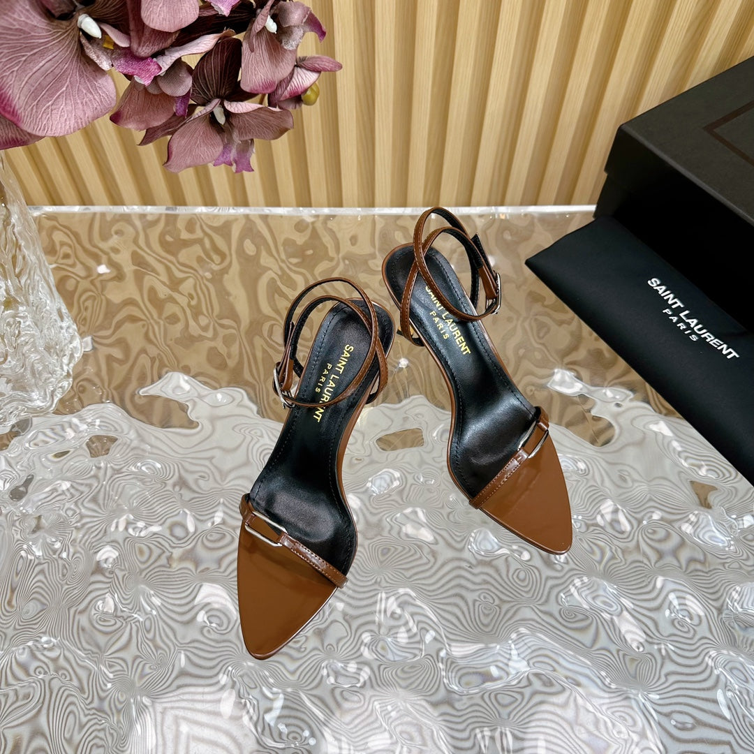 Saint Laurent KITTY SANDALS 70 IN BROWN SHINY LEATHER