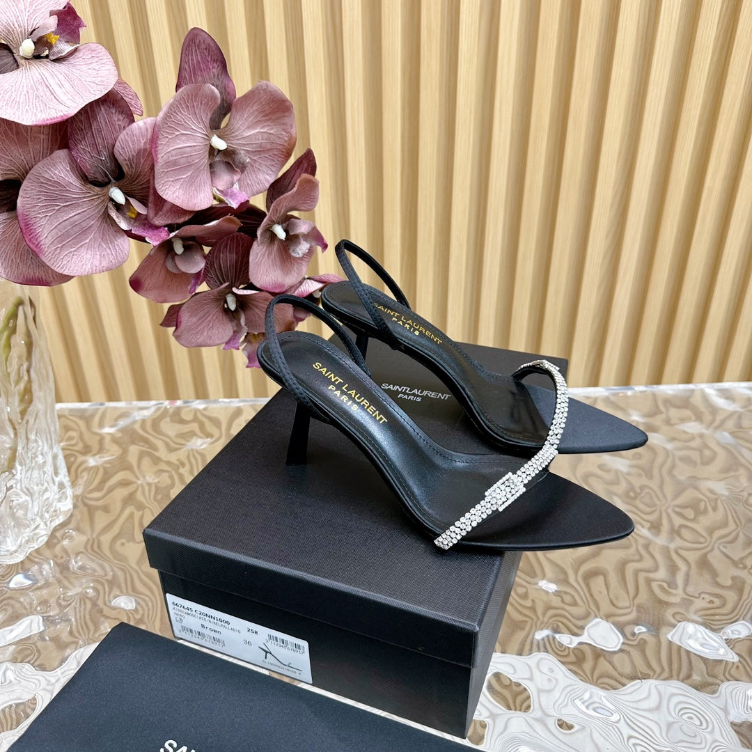 Saint Laurent RENDEZ-VOUS SANDALS 70 IN SATIN CREPE BLACK LEATHER