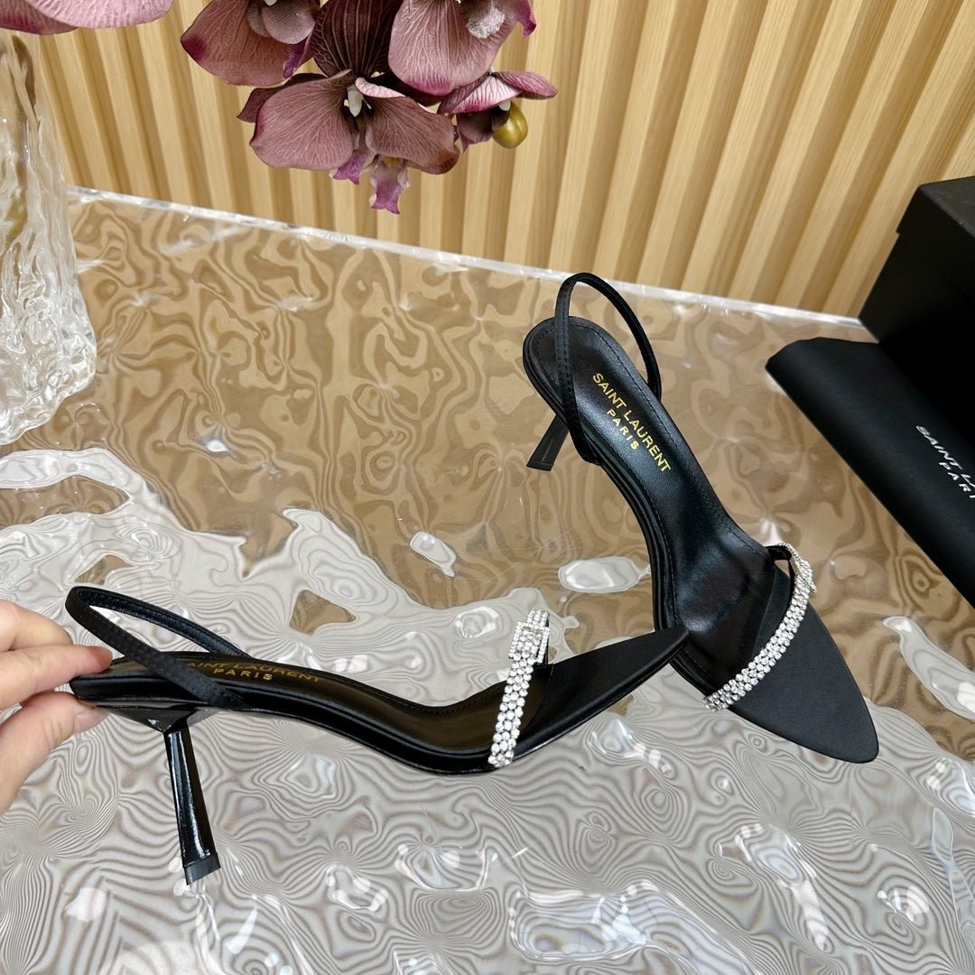 Saint Laurent RENDEZ-VOUS SANDALS 70 IN SATIN CREPE BLACK LEATHER
