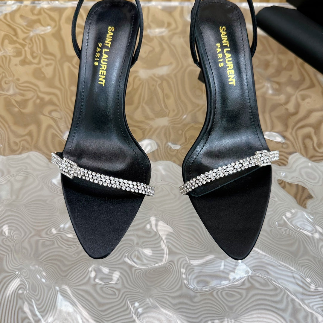Saint Laurent RENDEZ-VOUS SANDALS 70 IN SATIN CREPE BLACK LEATHER