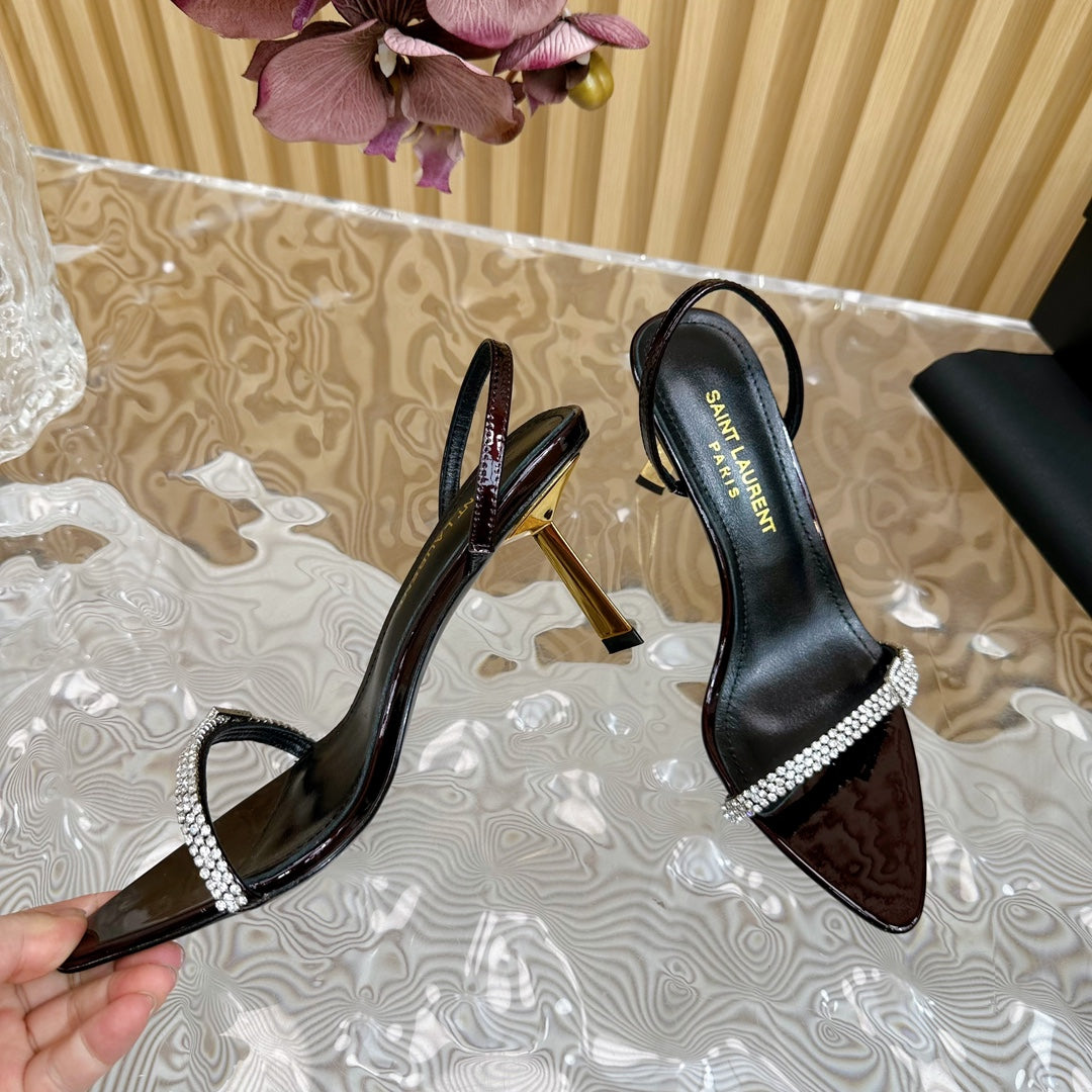 Saint Laurent RENDEZ-VOUS SANDALS 70 IN SATIN CREPE BLACK MAROON LEATHER