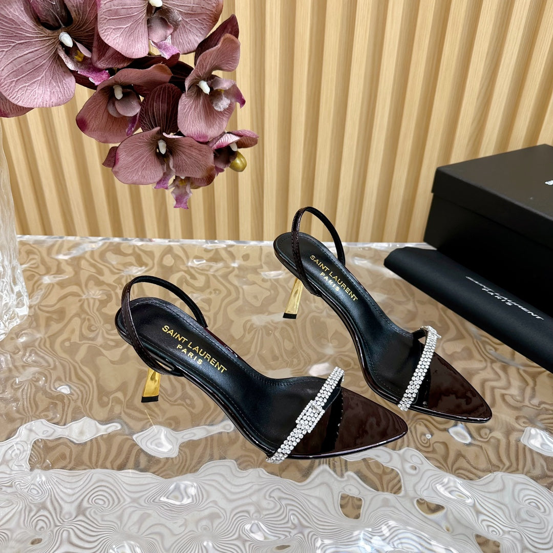 Saint Laurent RENDEZ-VOUS SANDALS 70 IN SATIN CREPE BLACK MAROON LEATHER