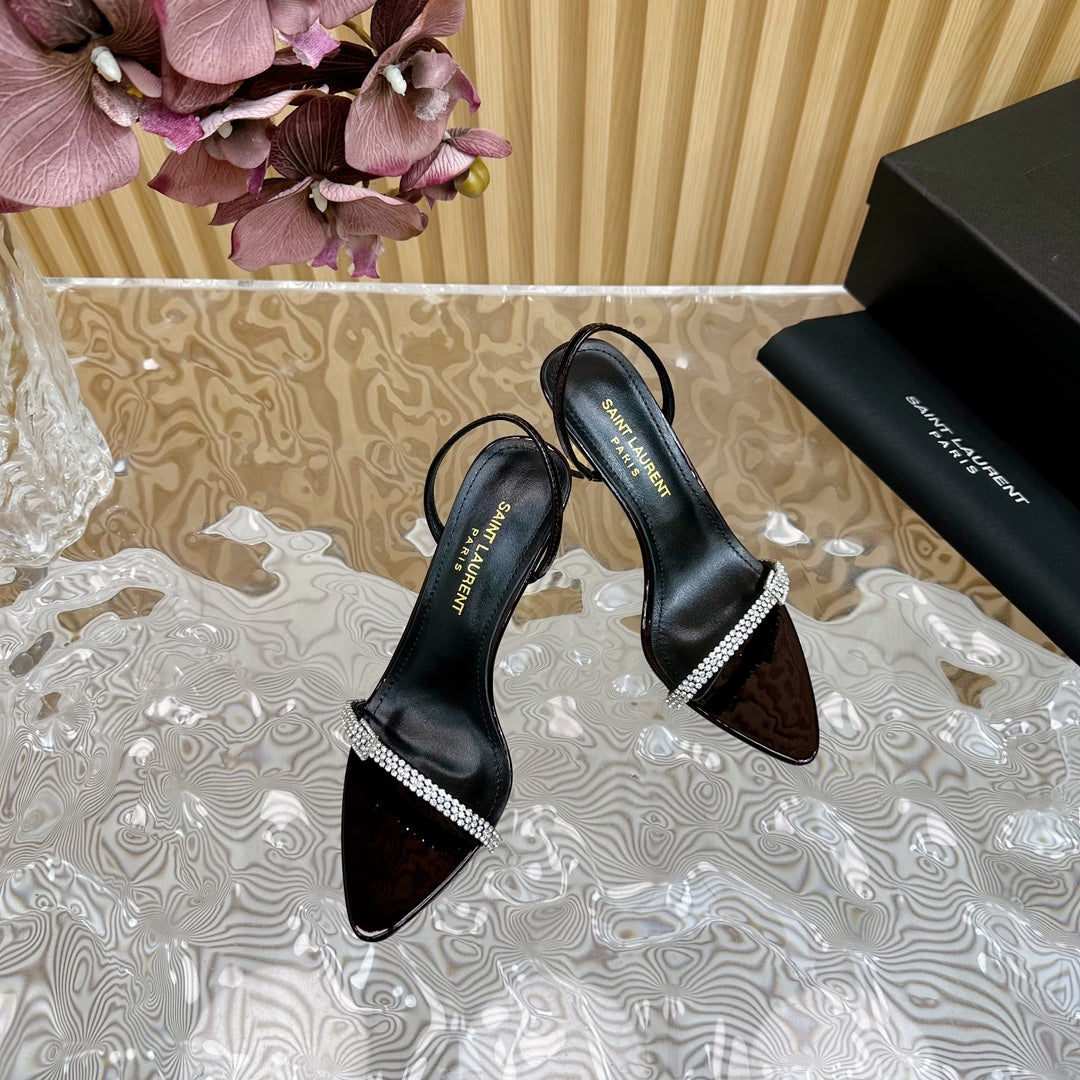 Saint Laurent RENDEZ-VOUS SANDALS 70 IN SATIN CREPE BLACK MAROON LEATHER
