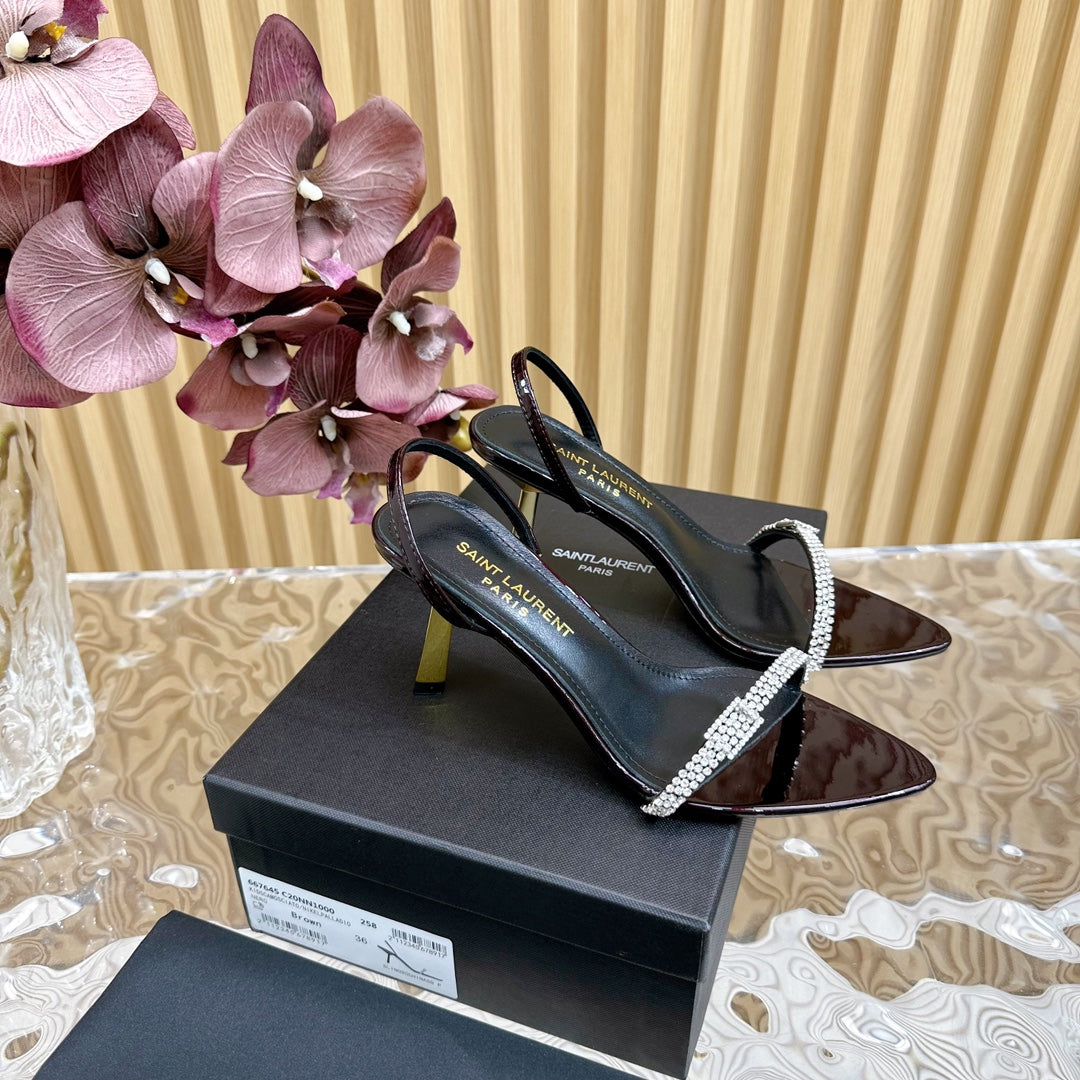 Saint Laurent RENDEZ-VOUS SANDALS 70 IN SATIN CREPE BLACK MAROON LEATHER