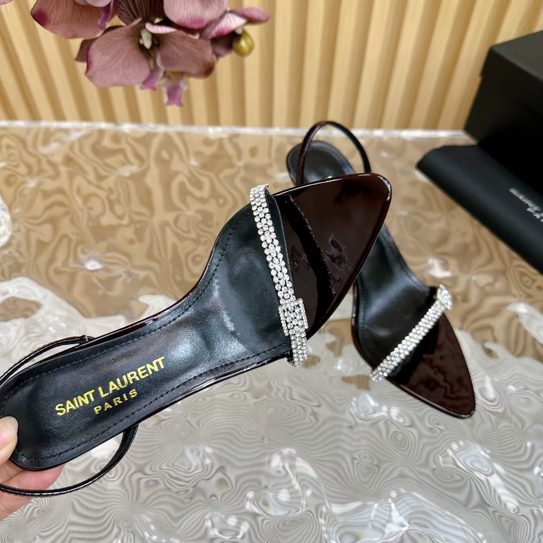 Saint Laurent RENDEZ-VOUS SANDALS 70 IN SATIN CREPE BLACK MAROON LEATHER