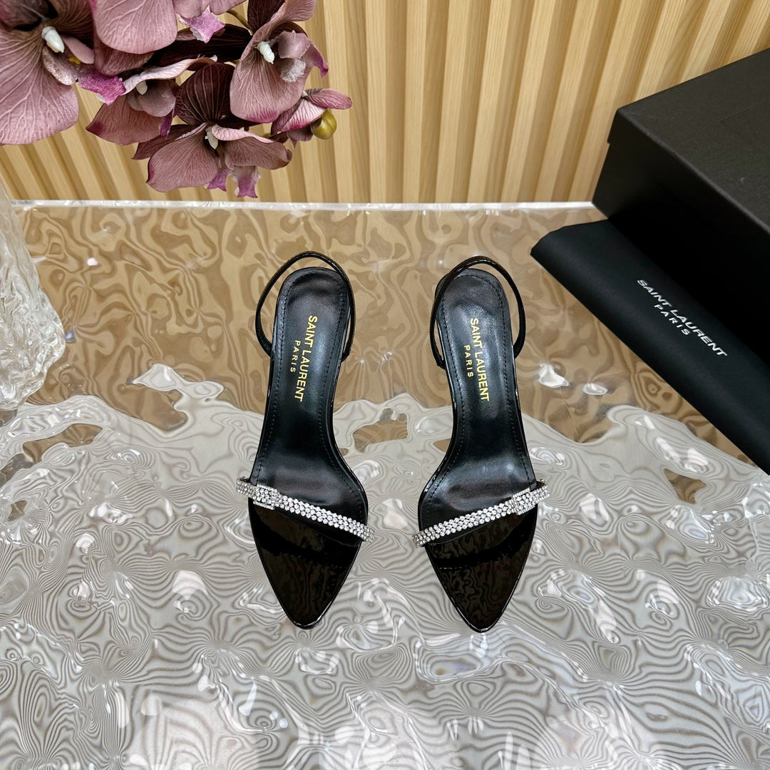 Saint Laurent RENDEZ-VOUS SANDALS 70 IN SATIN CREPE PATENT BLACK LEATHER