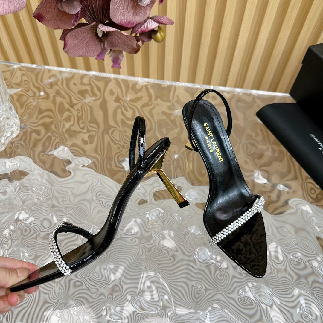 Saint Laurent RENDEZ-VOUS SANDALS 70 IN SATIN CREPE PATENT BLACK LEATHER