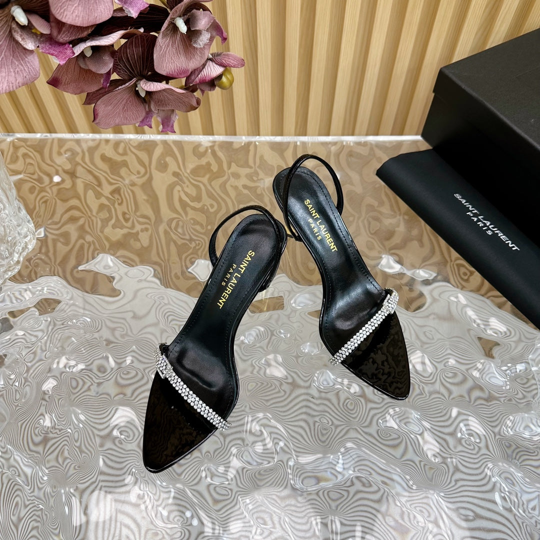 Saint Laurent RENDEZ-VOUS SANDALS 70 IN SATIN CREPE PATENT BLACK LEATHER