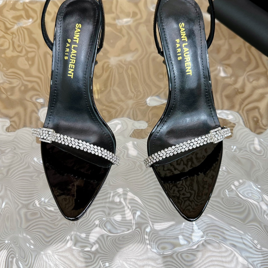 Saint Laurent RENDEZ-VOUS SANDALS 70 IN SATIN CREPE PATENT BLACK LEATHER