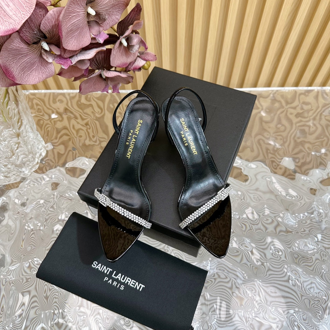 Saint Laurent RENDEZ-VOUS SANDALS 70 IN SATIN CREPE PATENT BLACK LEATHER