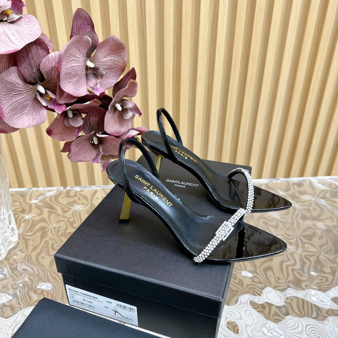Saint Laurent RENDEZ-VOUS SANDALS 70 IN SATIN CREPE PATENT BLACK LEATHER