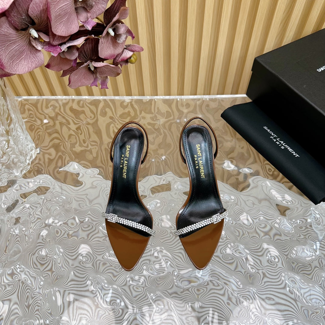 Saint Laurent RENDEZ-VOUS SANDALS 70 IN SATIN CREPE BROWN LEATHER