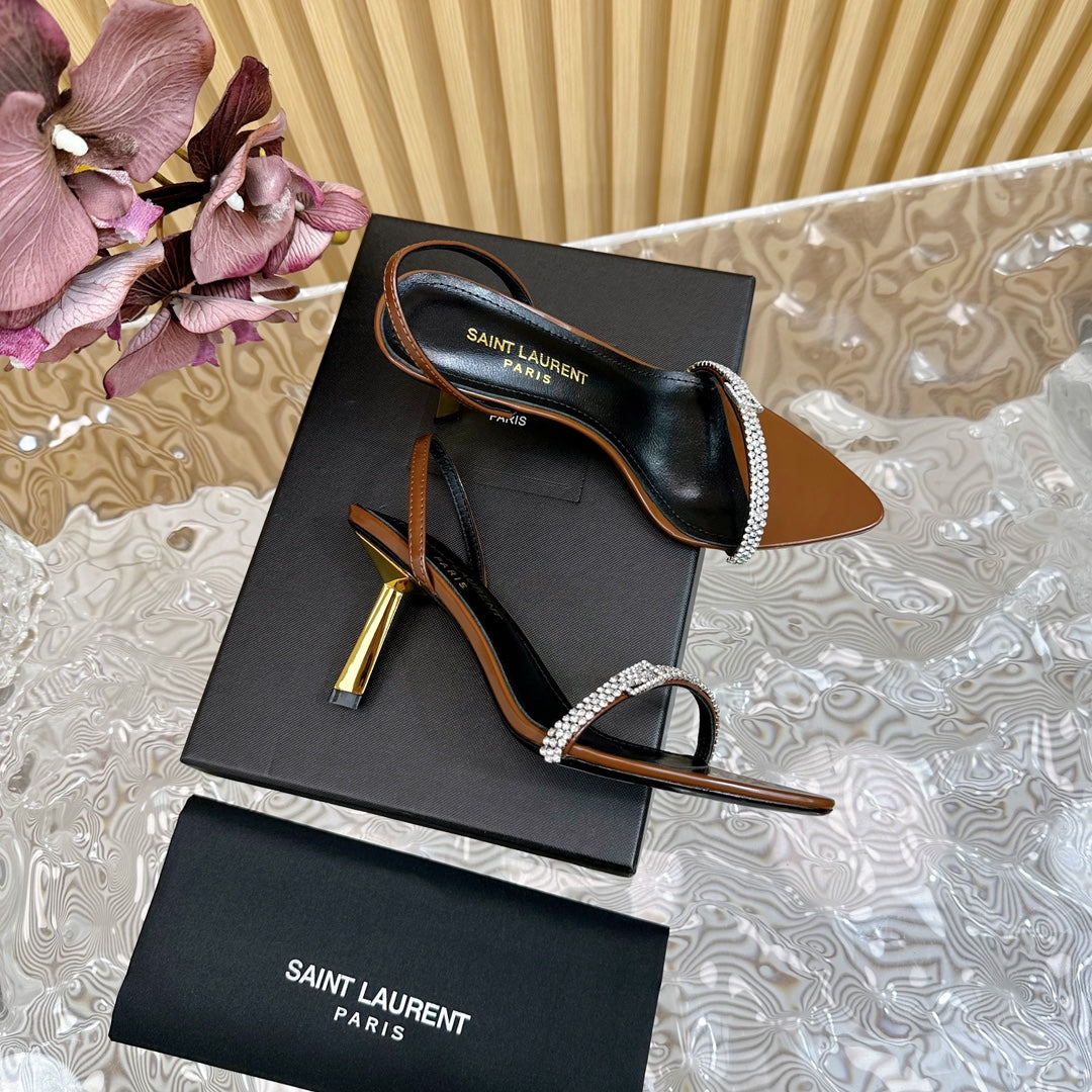 Saint Laurent RENDEZ-VOUS SANDALS 70 IN SATIN CREPE BROWN LEATHER