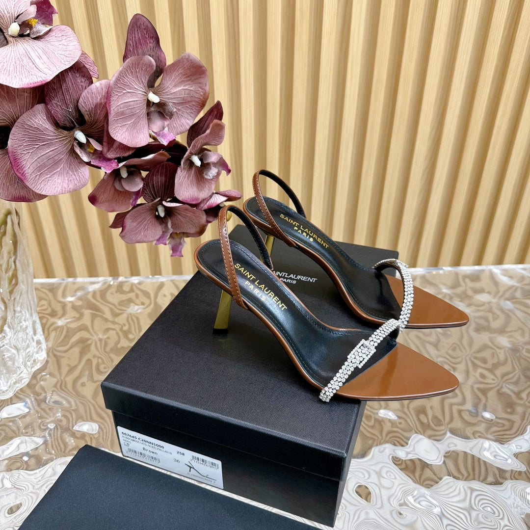 Saint Laurent RENDEZ-VOUS SANDALS 70 IN SATIN CREPE BROWN LEATHER