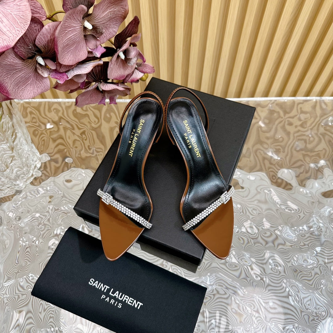 Saint Laurent RENDEZ-VOUS SANDALS 70 IN SATIN CREPE BROWN LEATHER