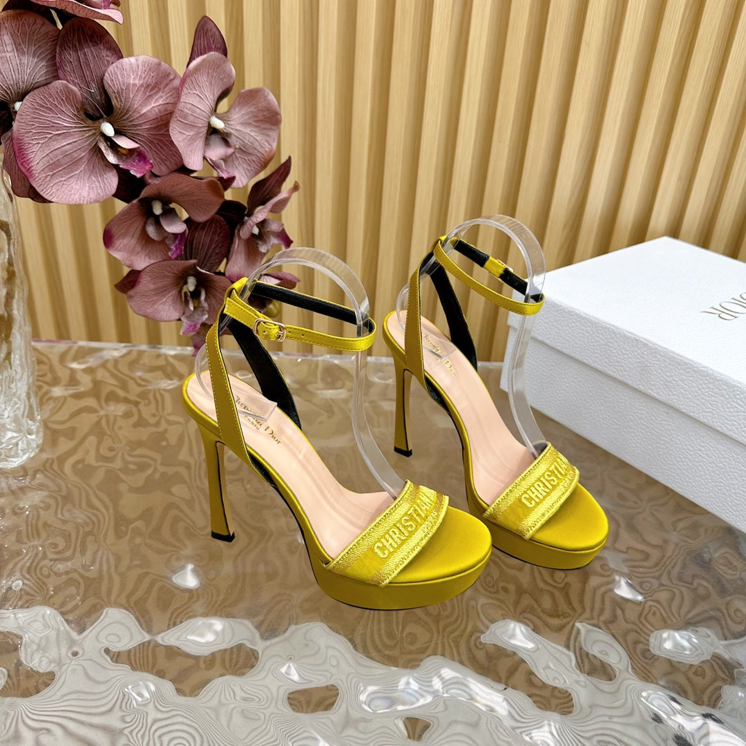 DIOR Dway Heeled Sandal 120mm Yellow Silk And Lambskin