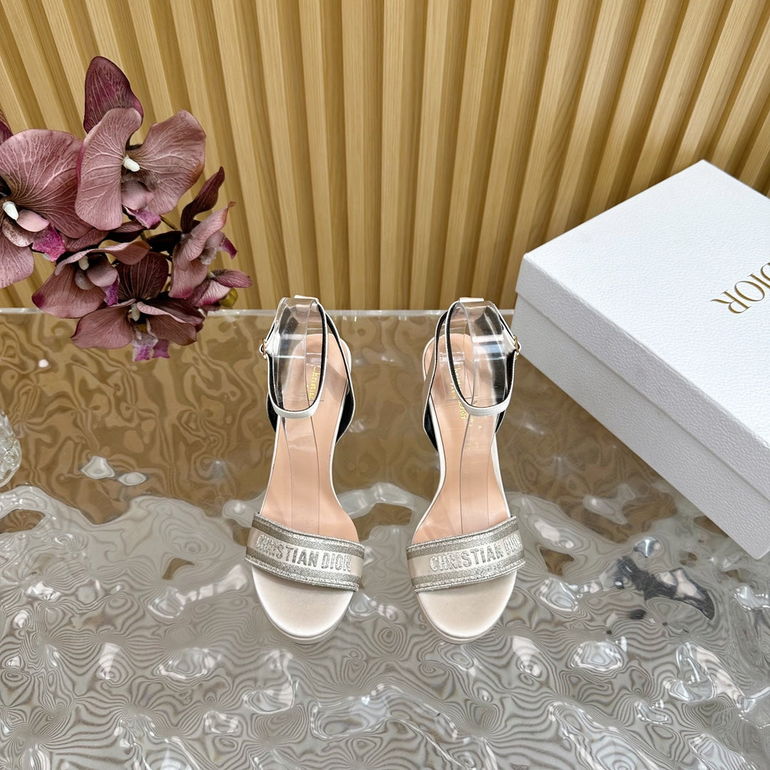 DIOR Dway Heeled Sandal 120mm White Grey Silk And Lambskin