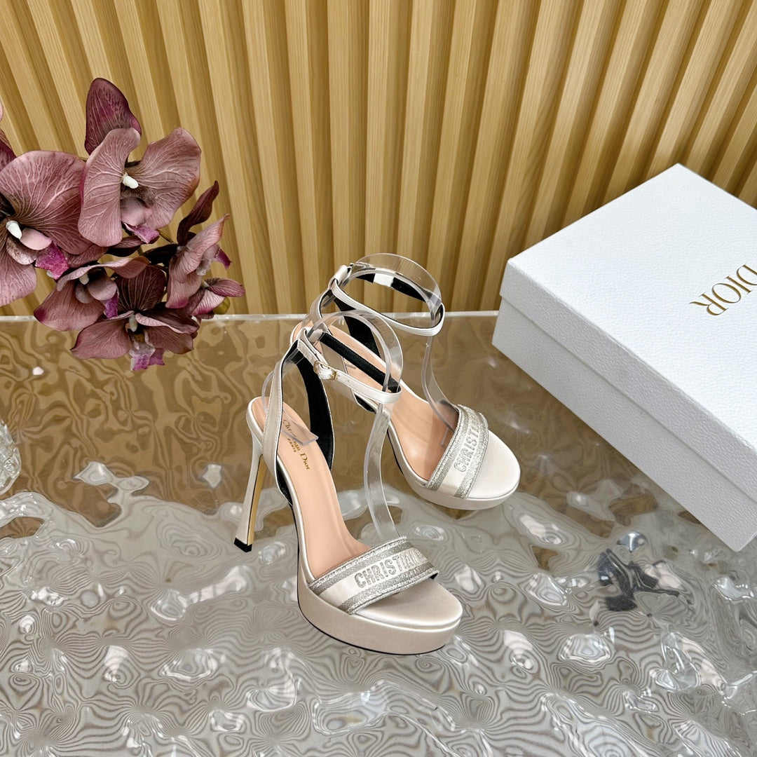 DIOR Dway Heeled Sandal 120mm White Grey Silk And Lambskin