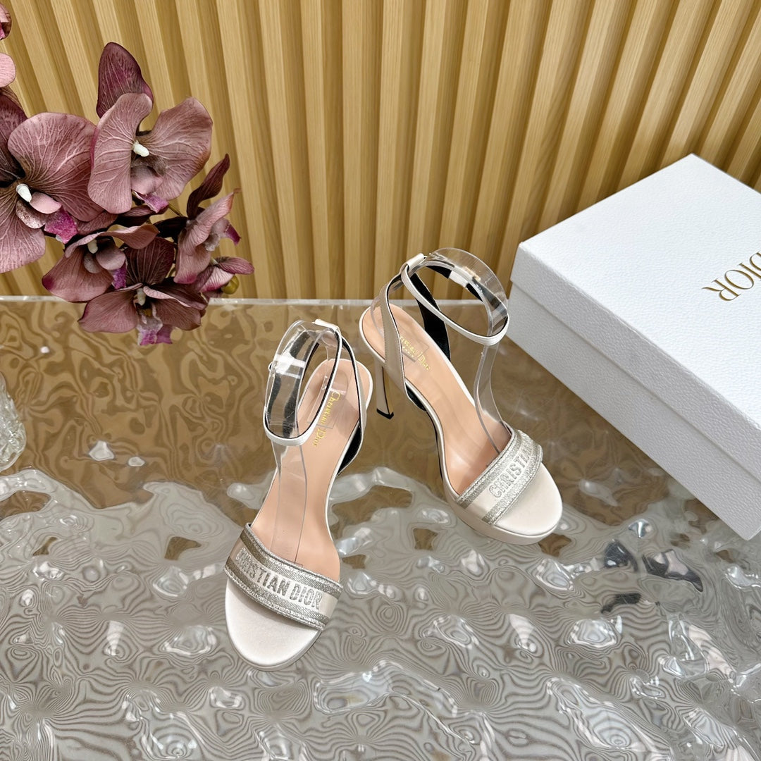 DIOR Dway Heeled Sandal 120mm White Grey Silk And Lambskin