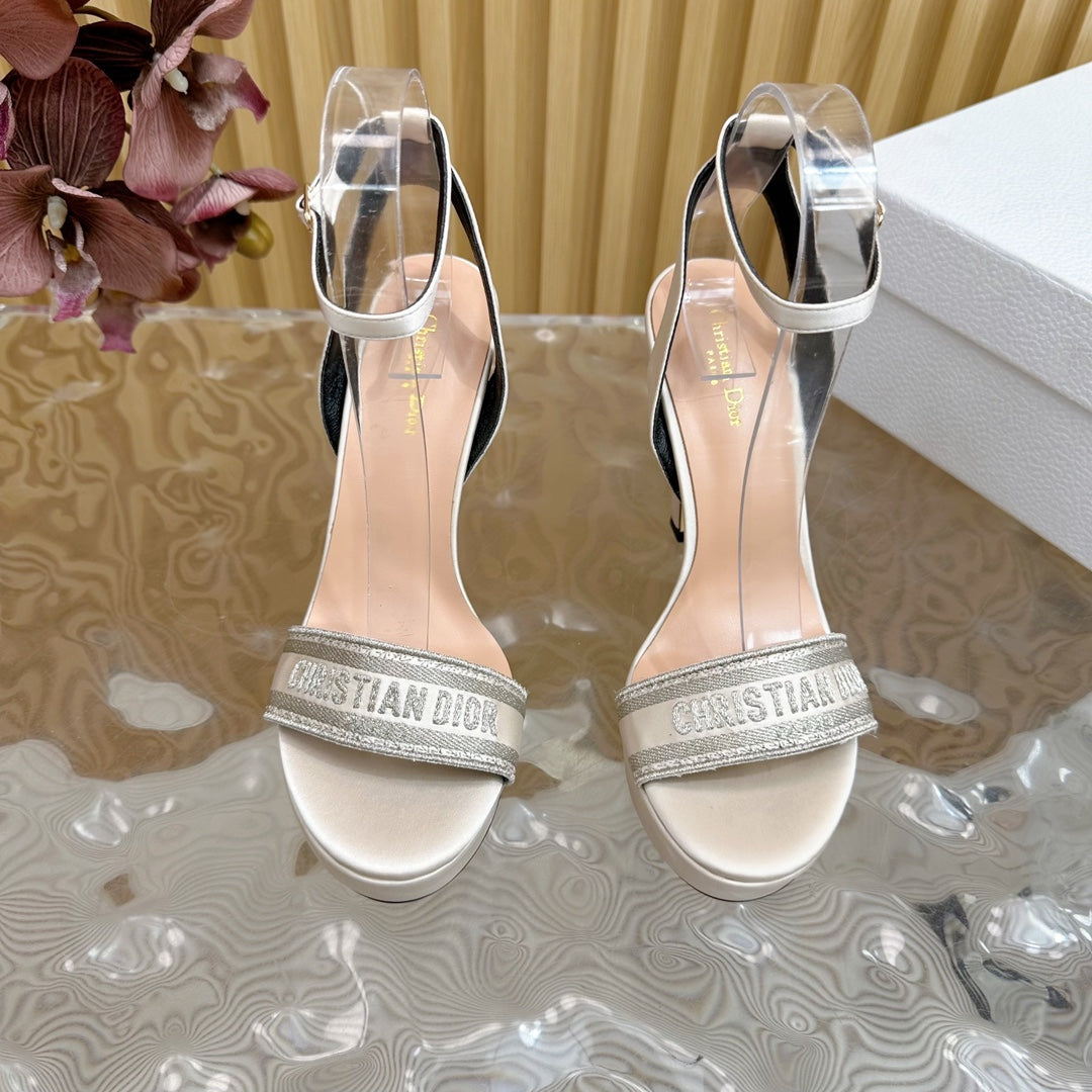 DIOR Dway Heeled Sandal 120mm White Grey Silk And Lambskin