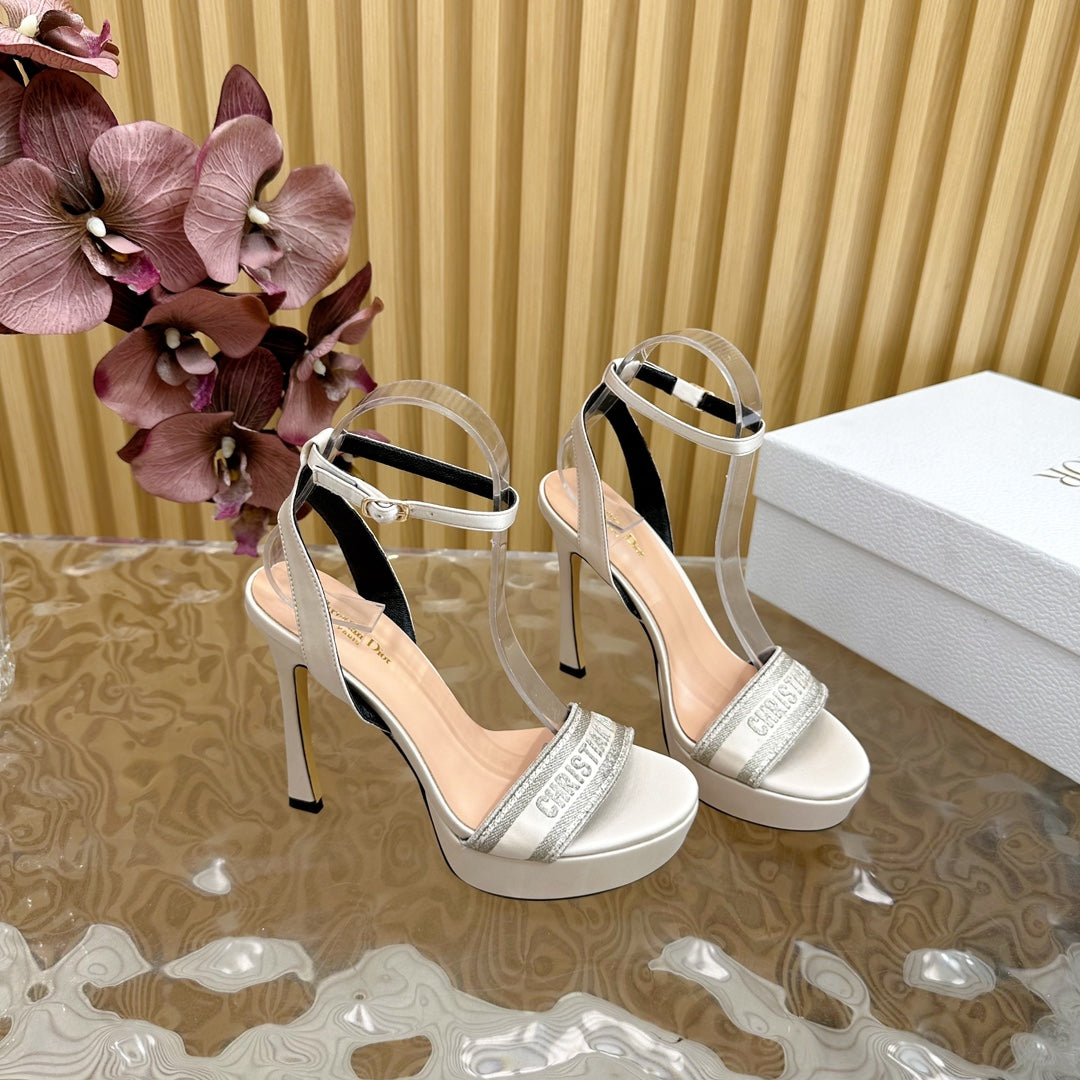 DIOR Dway Heeled Sandal 120mm White Grey Silk And Lambskin