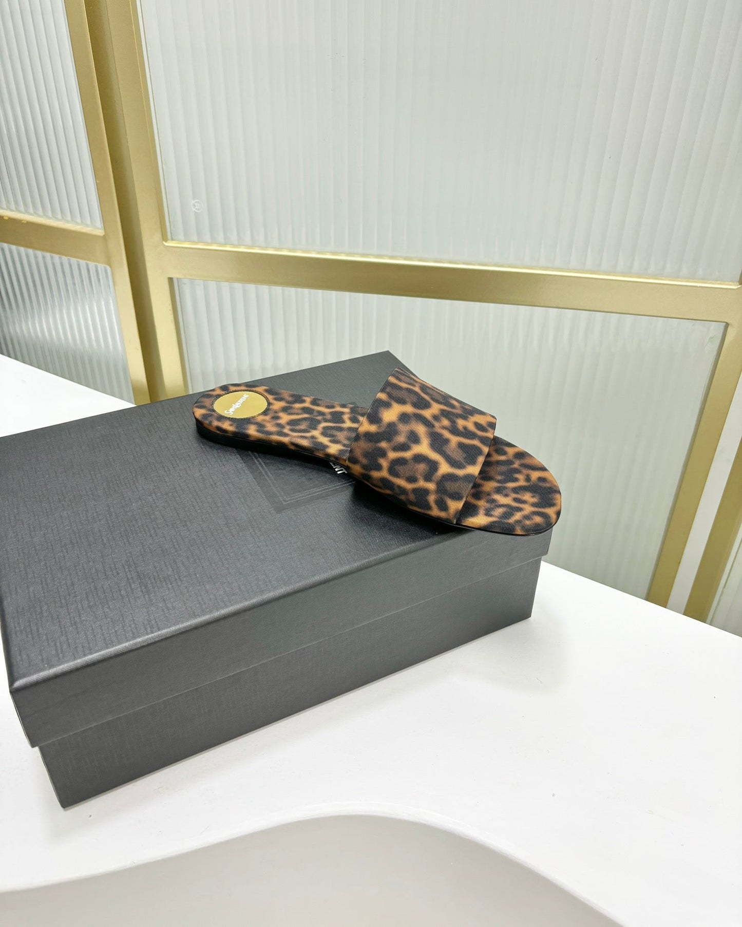 Saint Laurent CARLYLE SLIDES IN LEOPARD GROSGRAIN BLACK GOLD