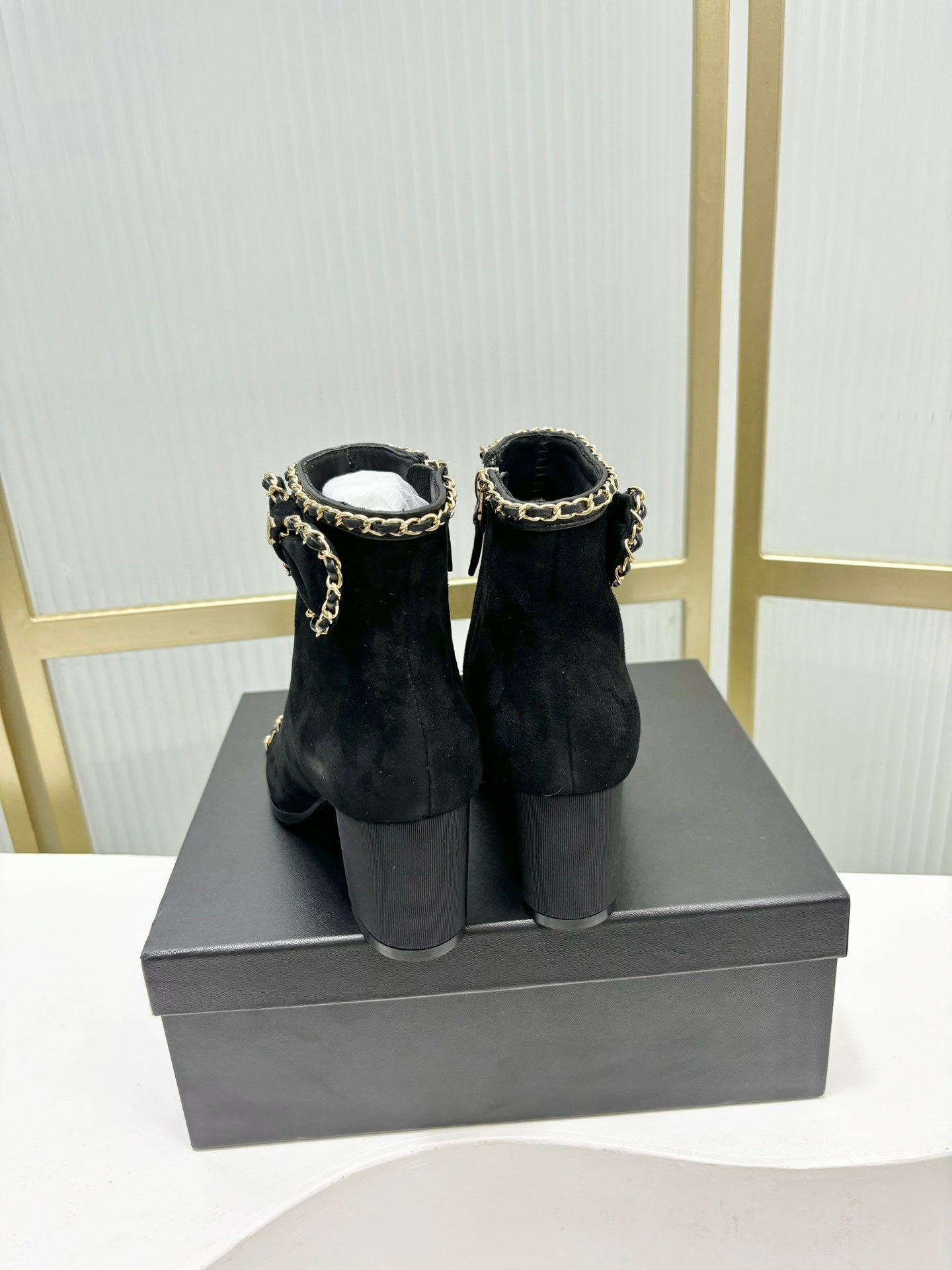 CHANEL Ankle Boot 65 Black Suede Grosgrain Leather Strap