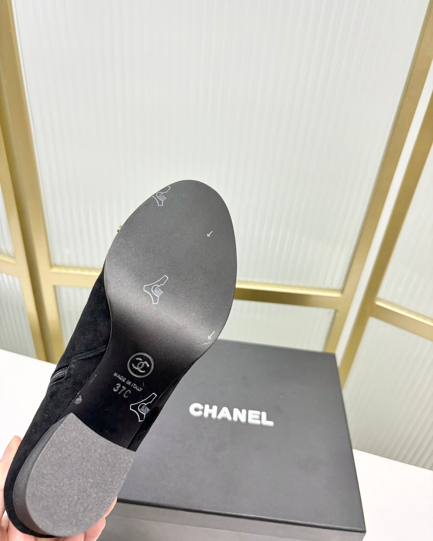 CHANEL Ankle Boot 65 Black Suede Grosgrain Leather Strap