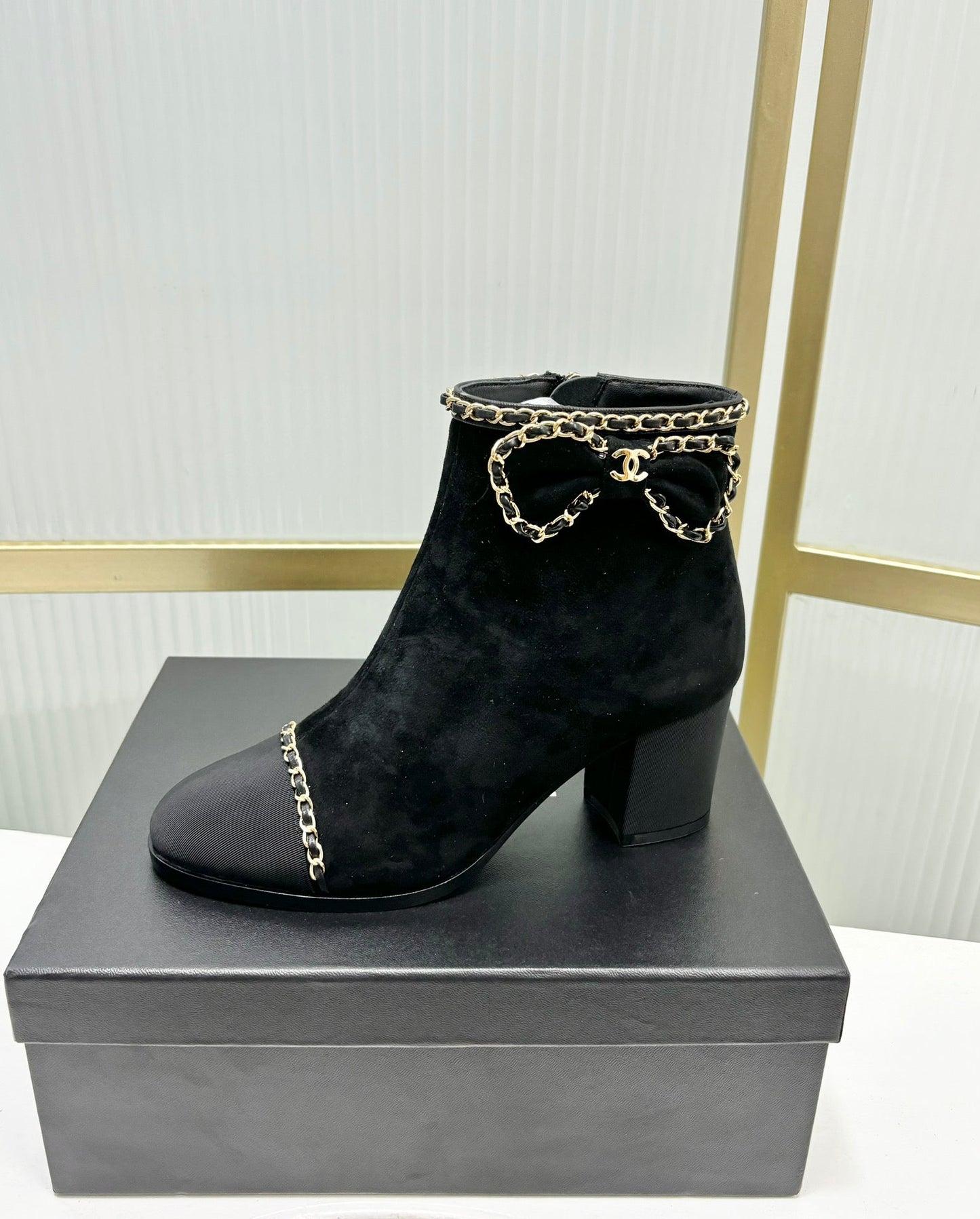 CHANEL Ankle Boot 65 Black Suede Grosgrain Leather Strap