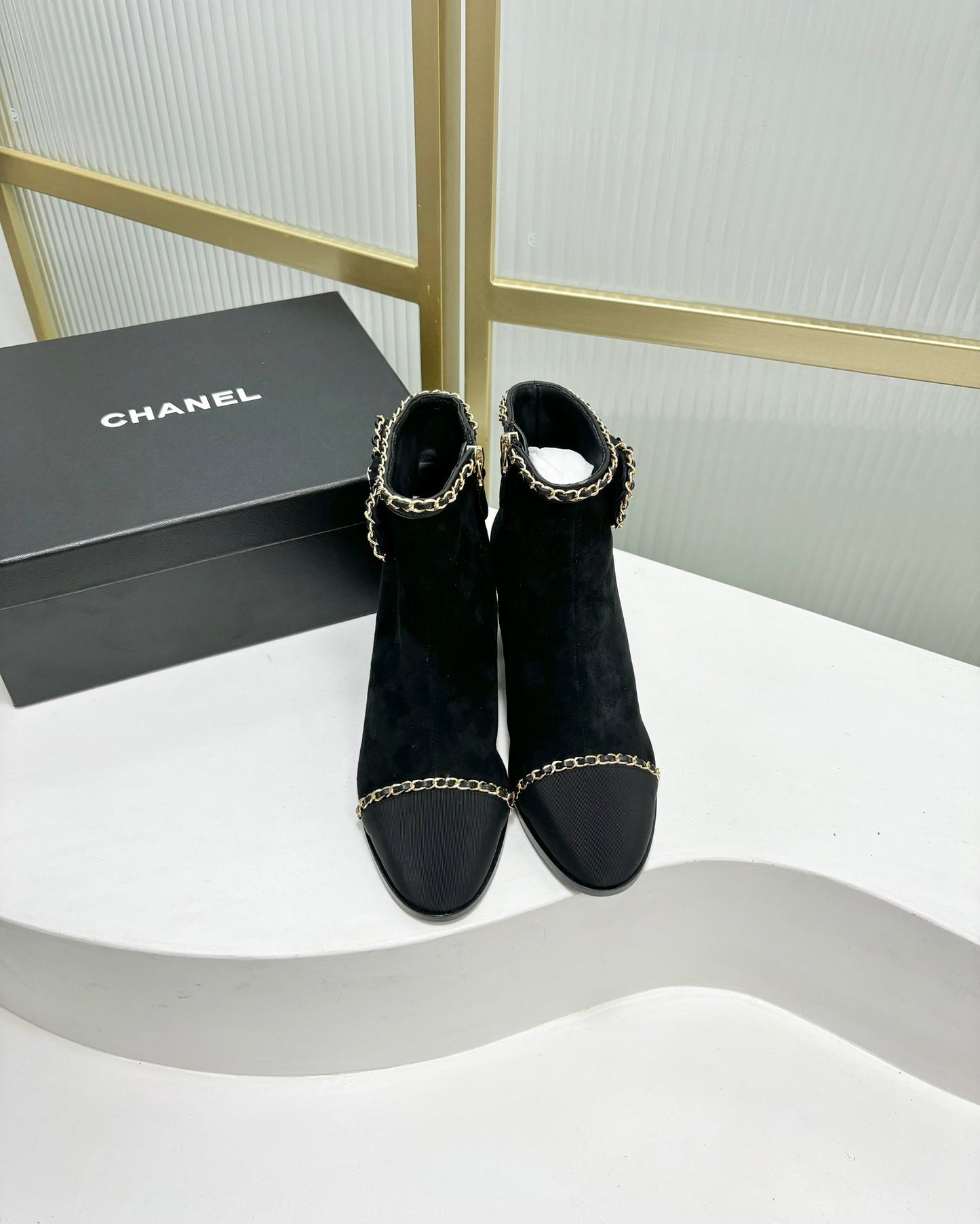CHANEL Ankle Boot 65 Black Suede Grosgrain Leather Strap