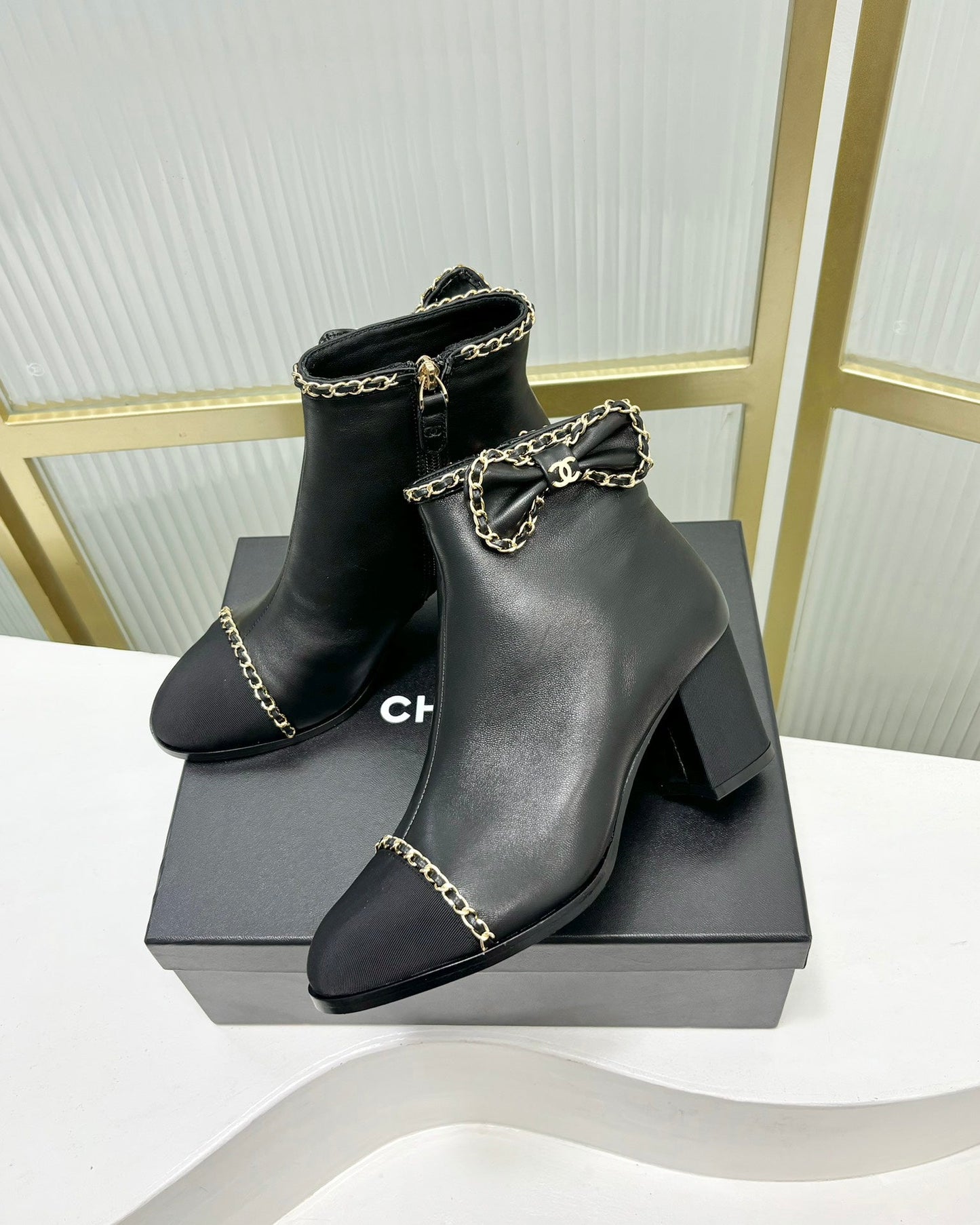 CHANEL Ankle Boot 65 Black Calfkin Grosgrain Leather Strap