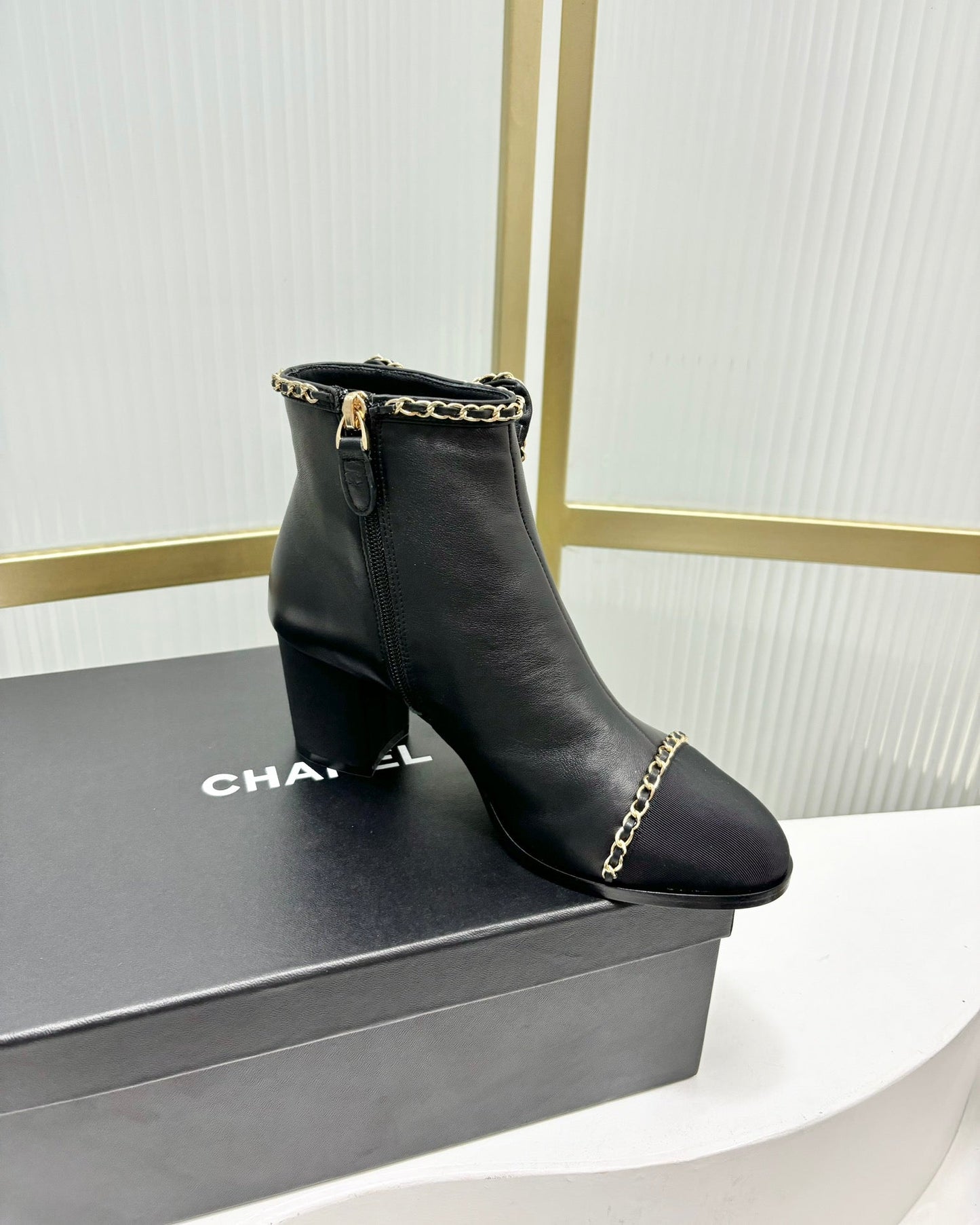CHANEL Ankle Boot 65 Black Calfkin Grosgrain Leather Strap