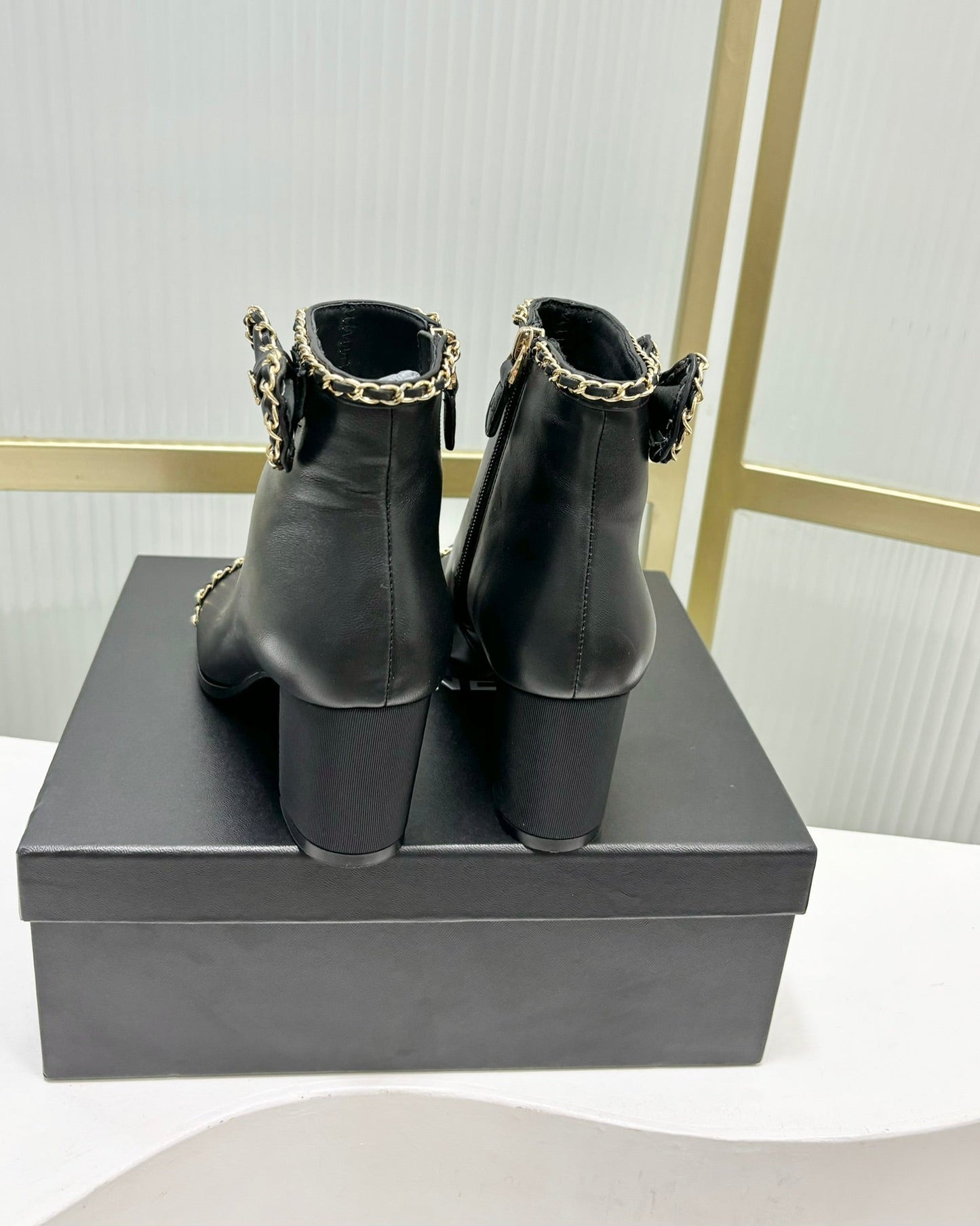 CHANEL Ankle Boot 65 Black Calfkin Grosgrain Leather Strap