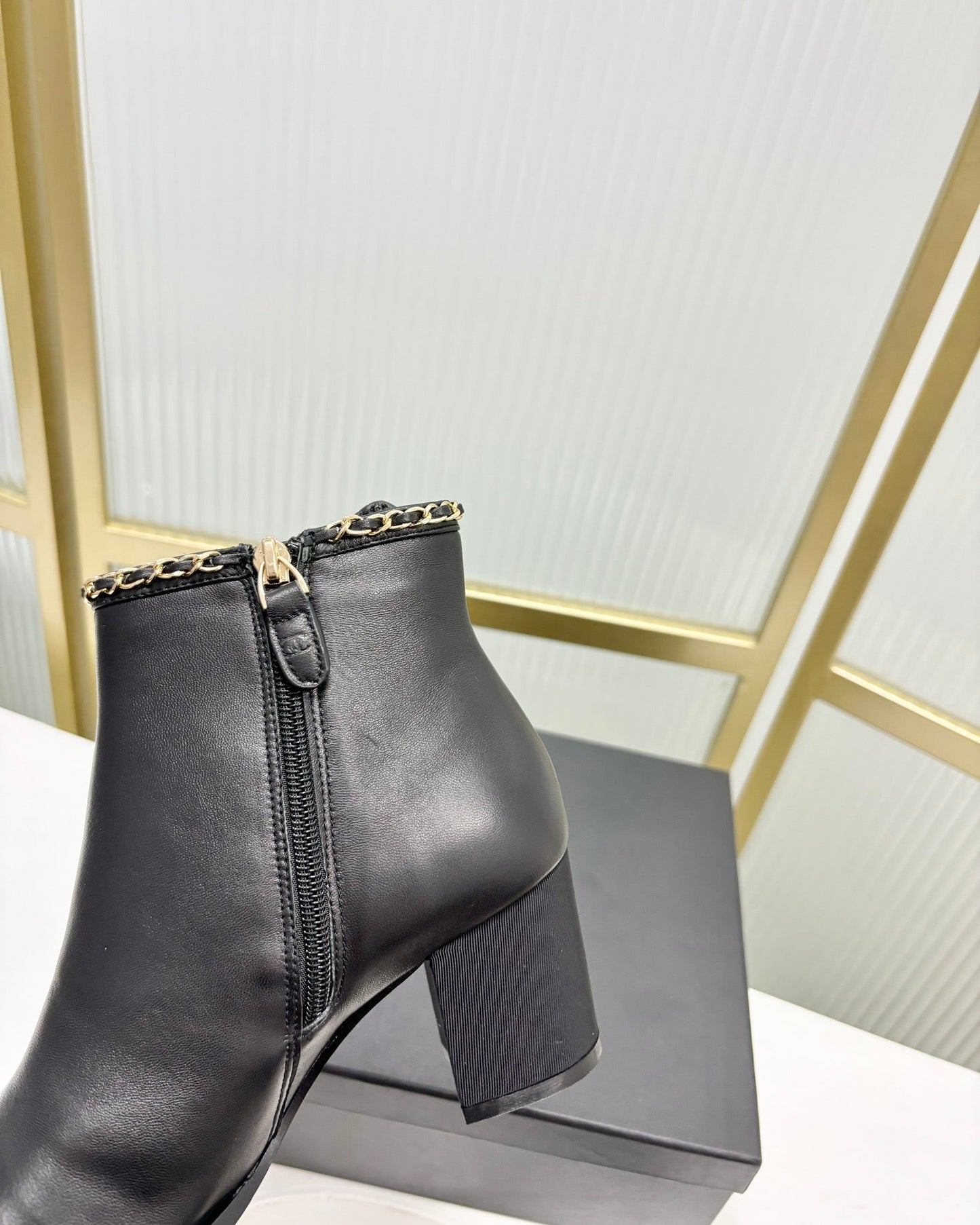 CHANEL Ankle Boot 65 Black Calfkin Grosgrain Leather Strap