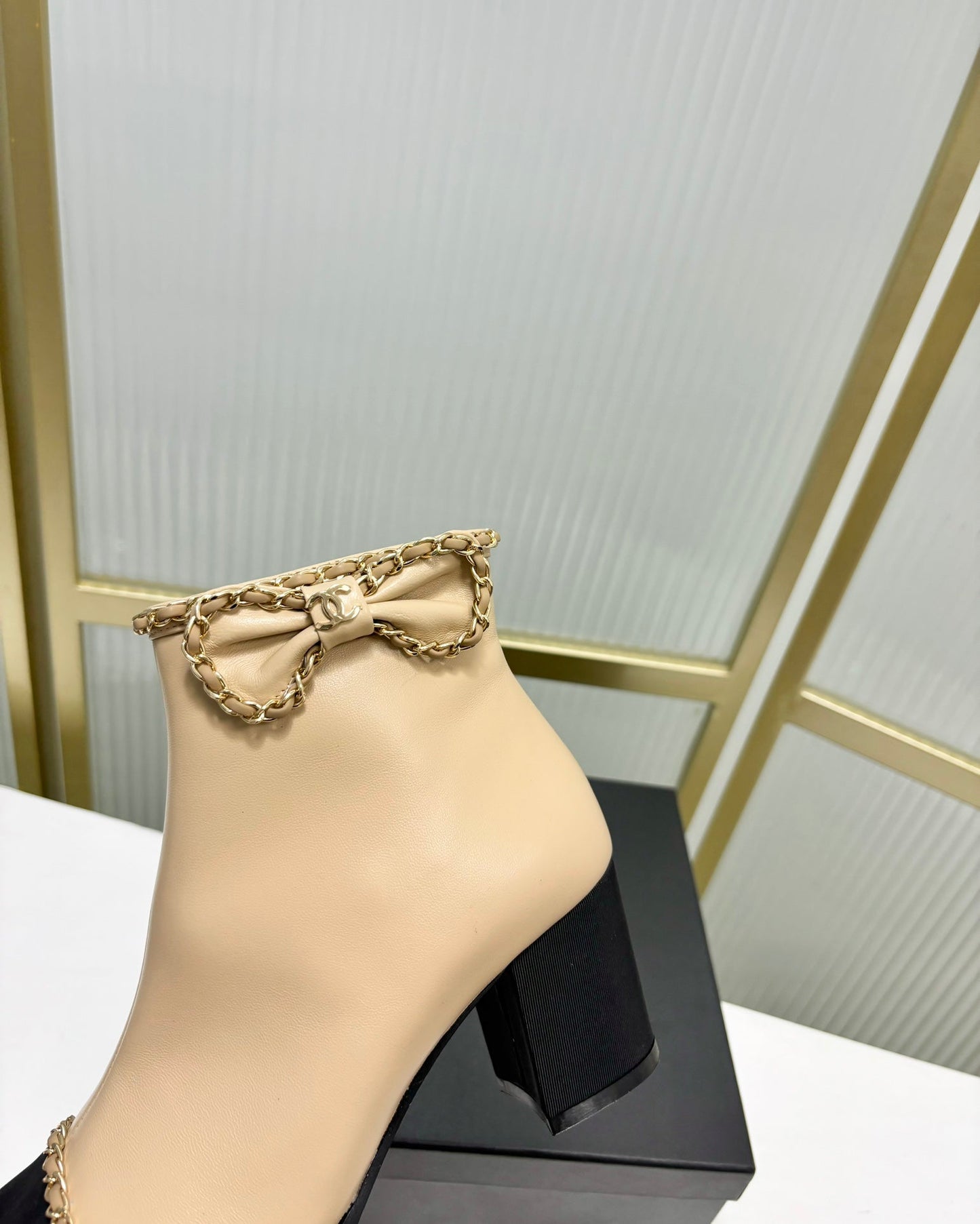 CHANEL Ankle Boot 65 Beige Calfkin Black Grosgrain Leather Strap