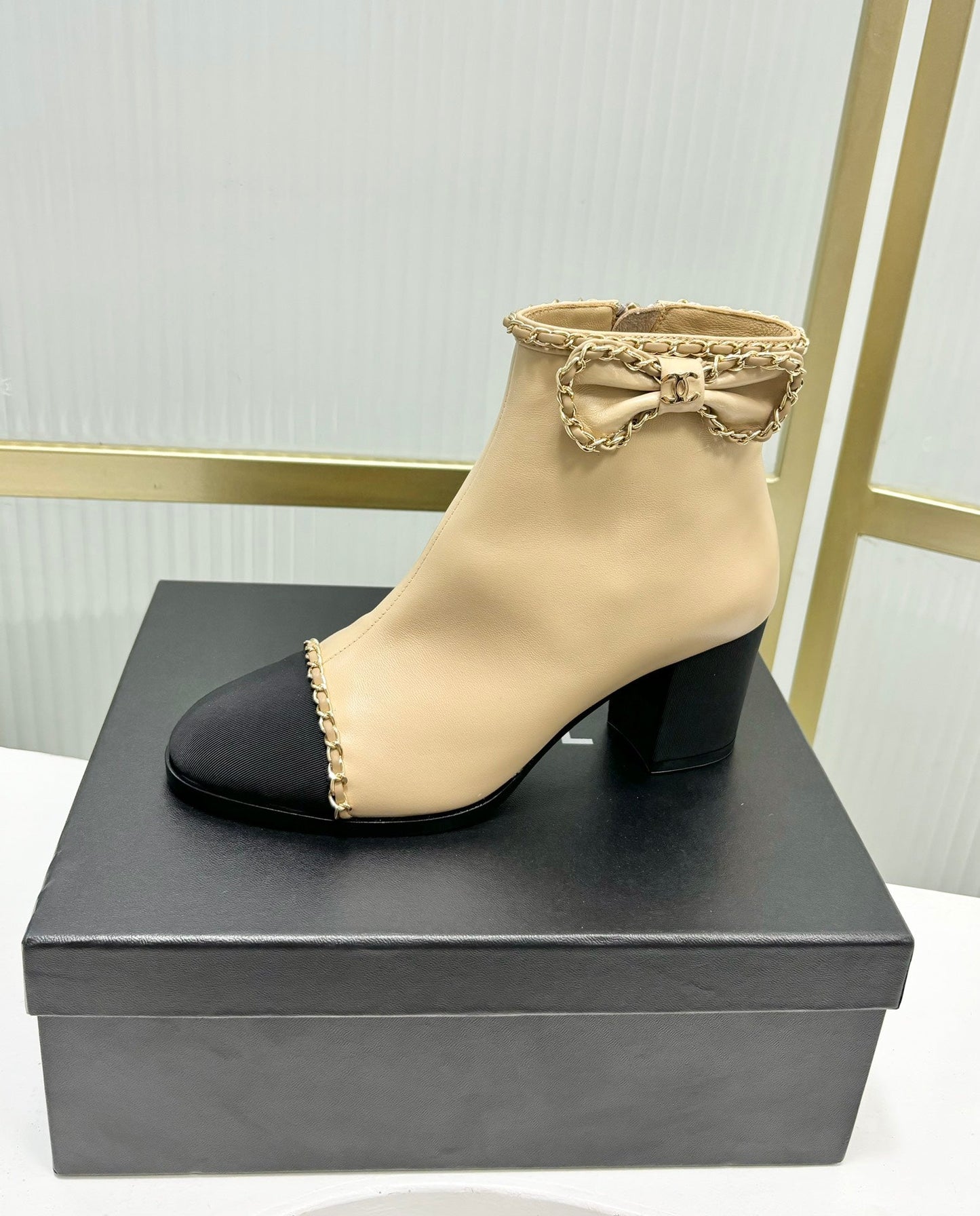 CHANEL Ankle Boot 65 Beige Calfkin Black Grosgrain Leather Strap
