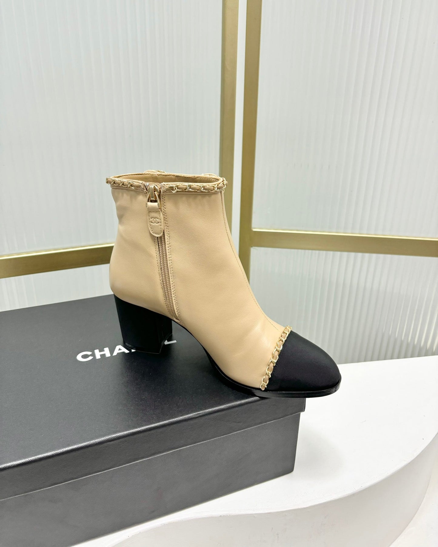 CHANEL Ankle Boot 65 Beige Calfkin Black Grosgrain Leather Strap