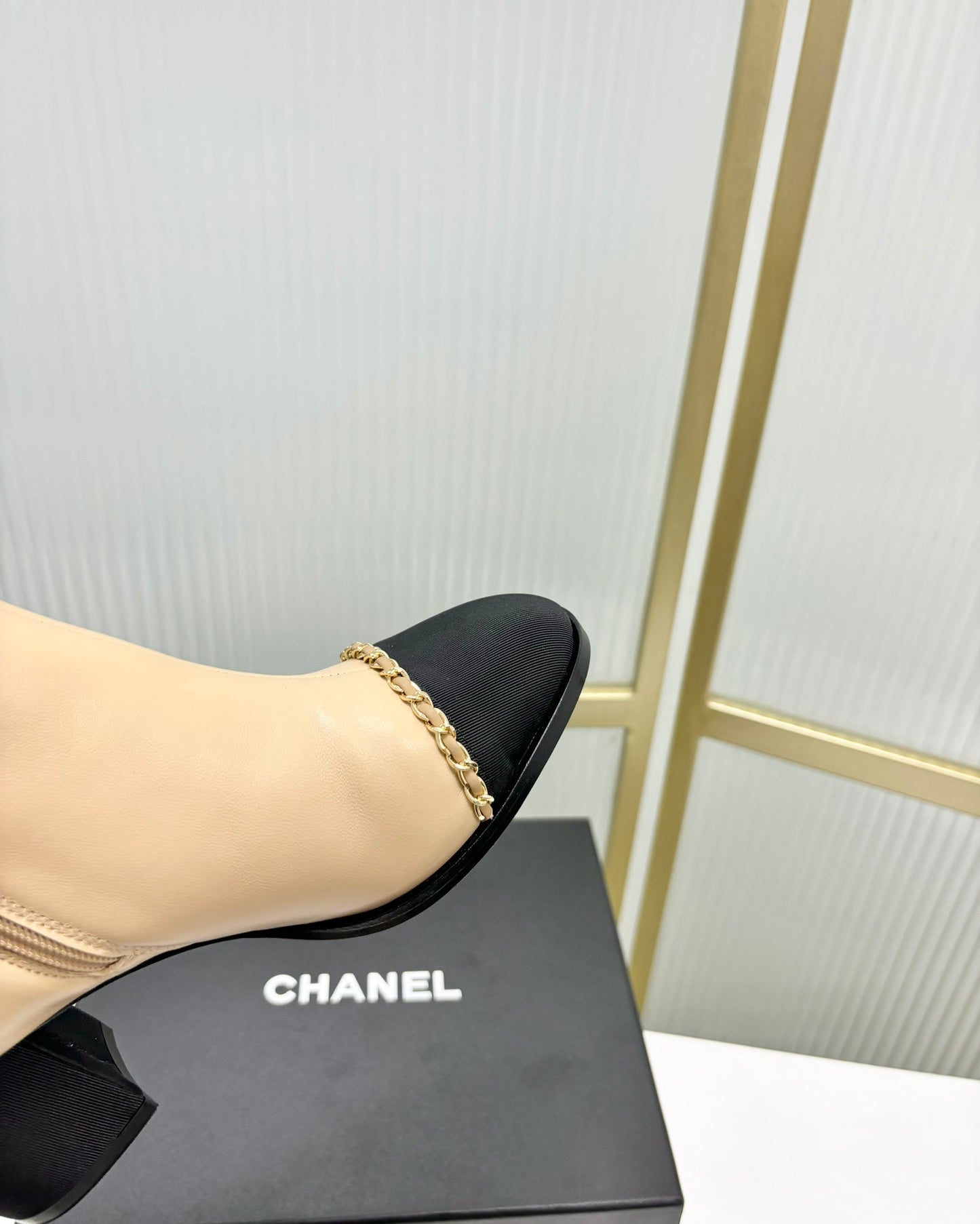 CHANEL Ankle Boot 65 Beige Calfkin Black Grosgrain Leather Strap