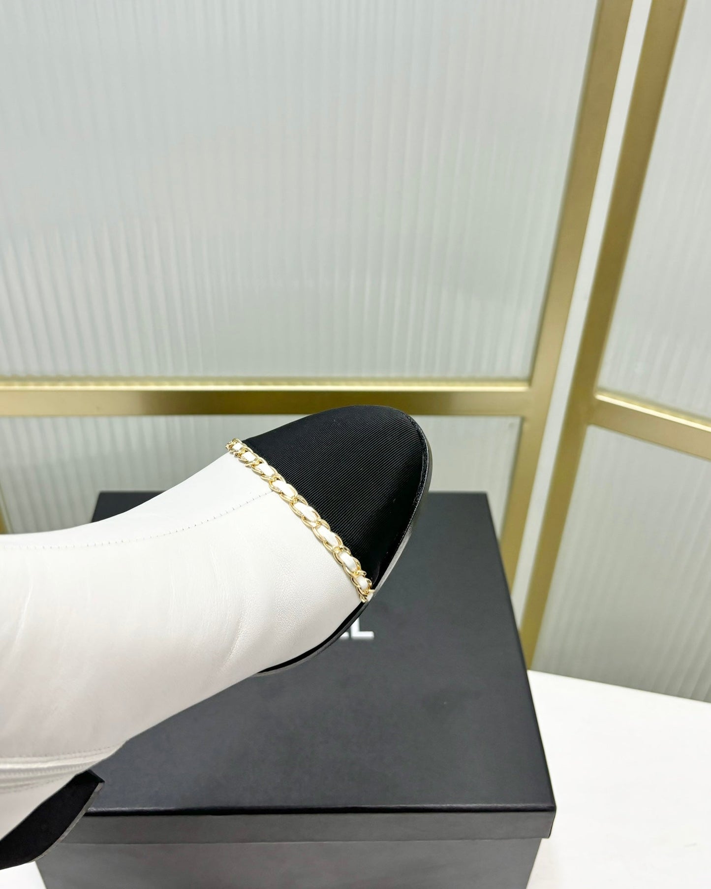 CHANEL Ankle Boot 65 White Calfkin Black Grosgrain Leather Strap