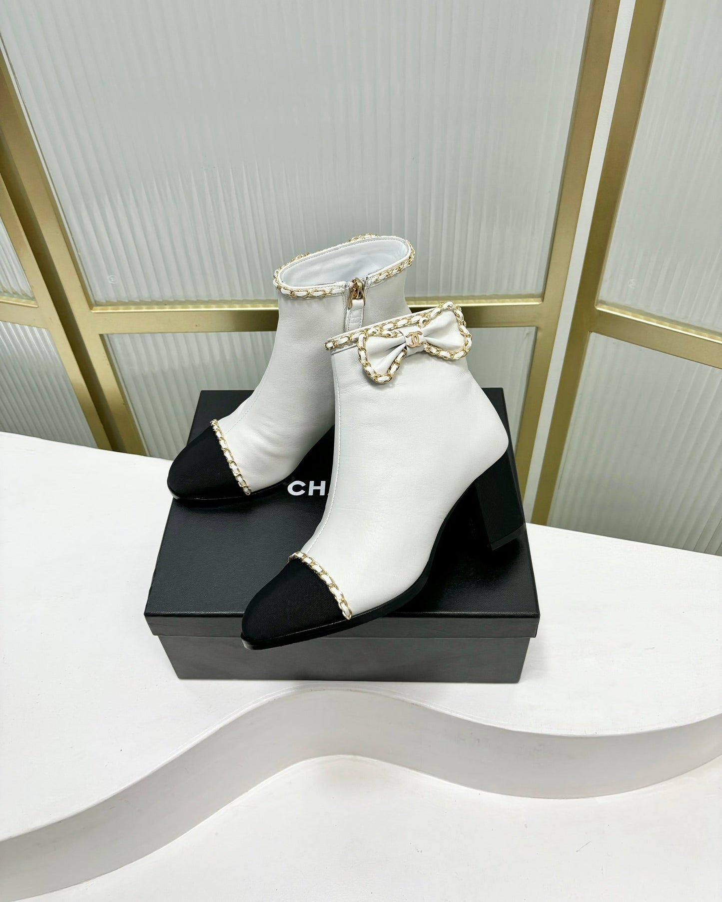 CHANEL Ankle Boot 65 White Calfkin Black Grosgrain Leather Strap